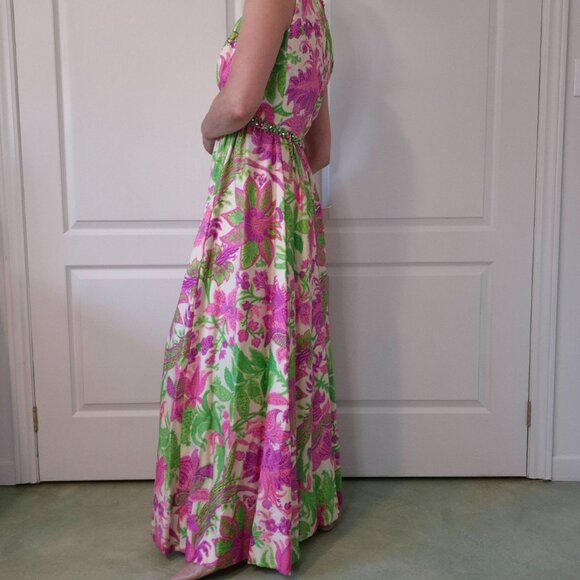 Rare Vintage 60s Malcolm Starr Silk Evening Gown | Rhinestone Detail | M–L - Picture 3 of 11